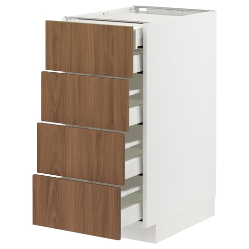 METOD kitchen unit with four walnut-brown drawers and white cabinet, sleek and modern.