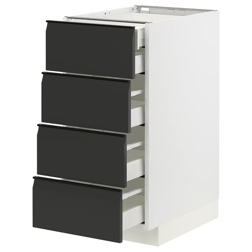 Modern white METOD kitchen unit with four matte black drawers, sleek handles, and clean lines.