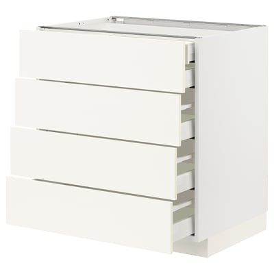 This image shows a white METOD kitchen cabinet with four drawers; sleek and modern design.
