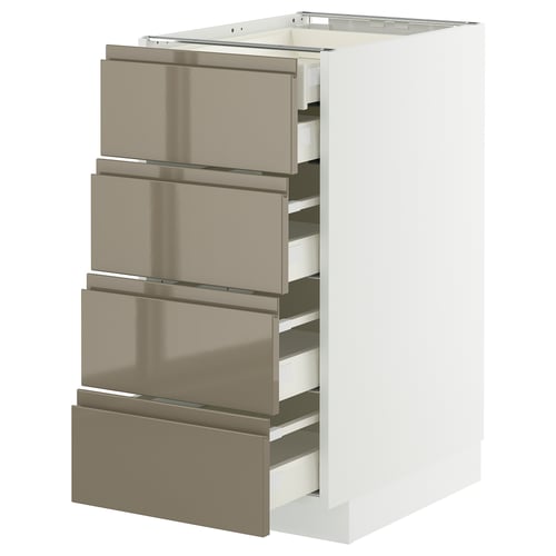 METOD kitchen cabinet with 5 dark grey-brown high-gloss drawers, sleek with integrated handles and self-closing.