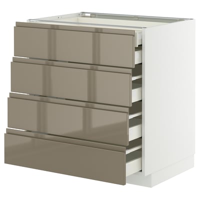 Modern kitchen unit, METOD, white & metallic. Four sliding drawers, sleek handles, high gloss.