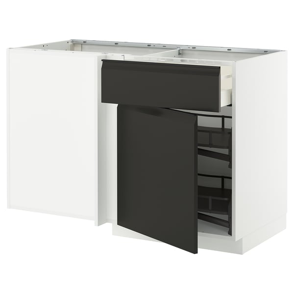 Modern, white corner kitchen cabinet unit with black pull-out shelves. Featured in ikeas METOD series.