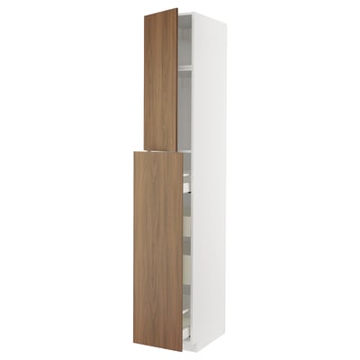 Ikea METOD kitchen cabinet, white with wooden-effect doors. Tall and slim, shelves inside.