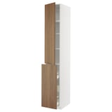 METOD kitchen cabinet: white, wood doors, tall, multiple shelves, smooth closing drawers.