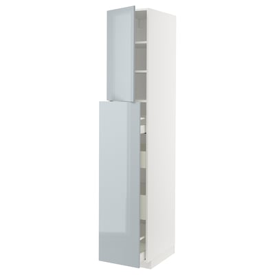 Modern white METOD kitchen cabinet with gray-blue high-gloss doors and built-in storage shelves.