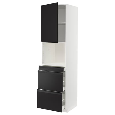 Modern METOD kitchen cabinet: white, black drawer, one shelf, three drawers, sleek handles.
