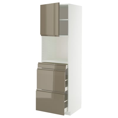 A white METOD kitchen unit with high-gloss dark grey-brown voxtorp drawers and sleek handles. It a tall cabinet with open shelving below the doors.
