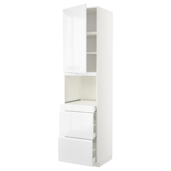 White METOD kitchen cabinet with glossy doors and integrated handles, featuring drawers and shelves for modern, spacious storage.