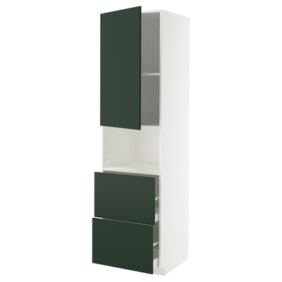 METOD kitchen cabinet, white & dark green, modern design, 3 sections: 2 drawers, 1 open shelf, steel handles.