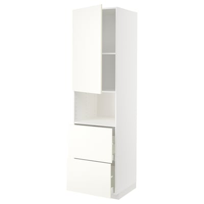 This image shows a white METOD kitchen cabinet set with a high cabinet, open shelves, and drawers. The design is sleek and minimalist.