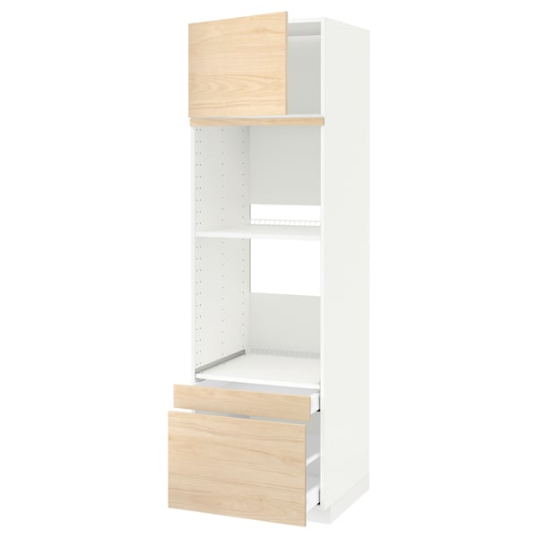 White METOD kitchen cabinet with light wood drawers and shelves, tall design.