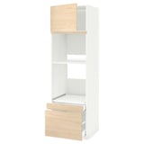 White METOD kitchen cabinet with light wood drawers and shelves, tall design.