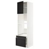 White and black stained kitchen cabinet with shelves and drawers.