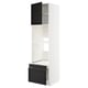 White and black stained kitchen cabinet with shelves and drawers.
