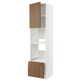White kitchen cabinet with wooden doors in walnut finish, tall with adjustable shelves.