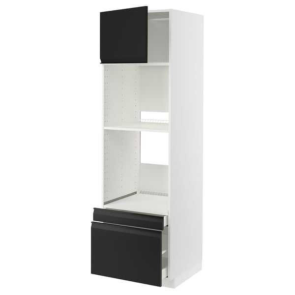 Modern kitchen cabinet, white with black drawers and door, minimalist design.