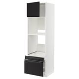 Modern kitchen cabinet, white with black drawers and door, minimalist design.