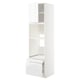 Modern white kitchen cabinet with glossy finish, drawers, and shelves.