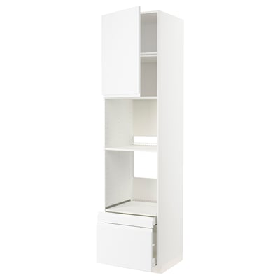 A white METOD kitchen cabinet with a minimalist design, featuring open shelves and a door with integrated handles.