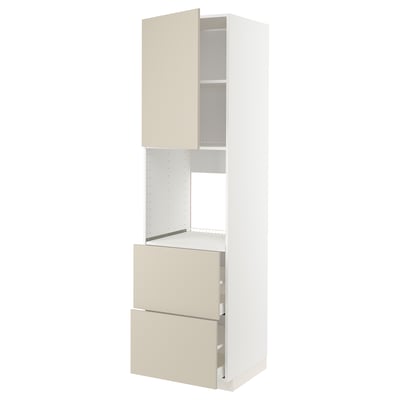A white and beige kitchen cabinet unit from the METOD system, featuring drawers and shelving.