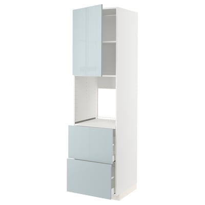 Modern kitchen unit with blue-grey doors. Tall, rectangular design, featuring drawers and adjustable shelf.