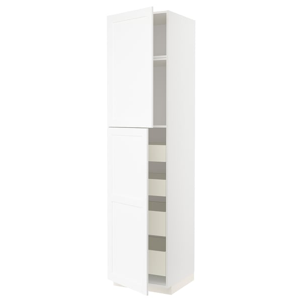 White METOD tall kitchen cabinet, sleek and modern design with gray shelves, sturdy construction.