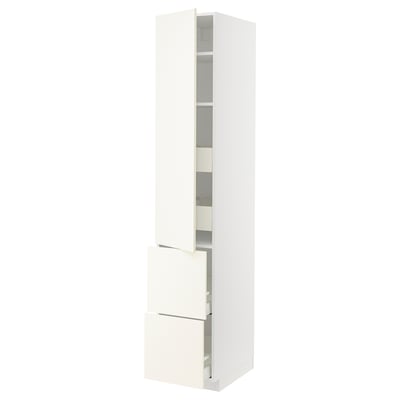 White cabinet, vertical, with shelves and drawers, minimalist design.