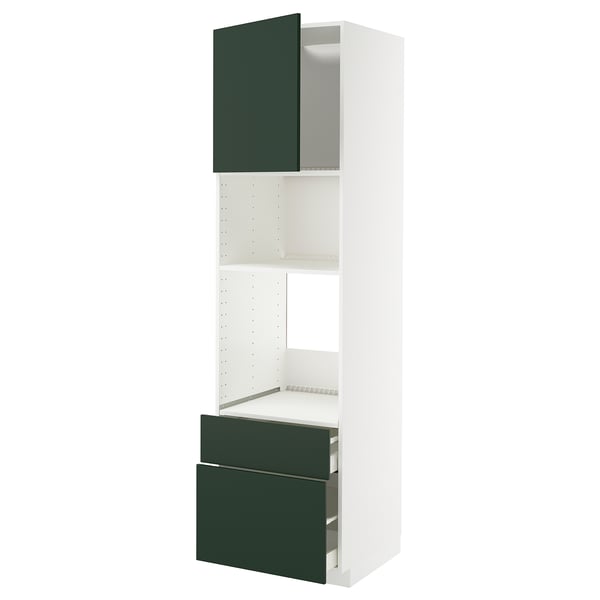 METOD kitchen unit in white with green drawer and door. Tall design with open middle shelf.