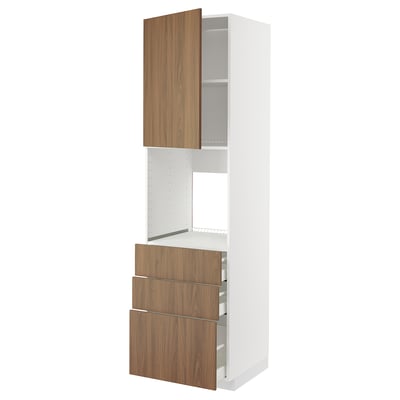 METOD kitchen unit with walnut doors. Tall, white cabinet with three drawers and shelves. Modern, sleek design.