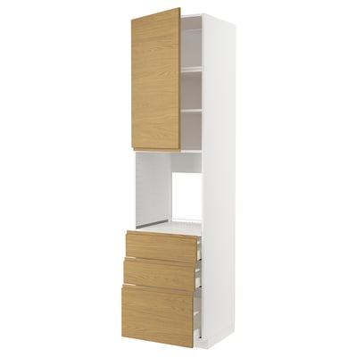 METOD kitchen cabinet with oak-veneer drawers and white frame. Tall, minimalist design.