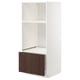 A white and dark brown modern kitchen cabinet unit with shelves and a drawer.