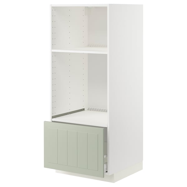 Ikea METOD white kitchen cabinet with green drawer, rectangular, modern design.