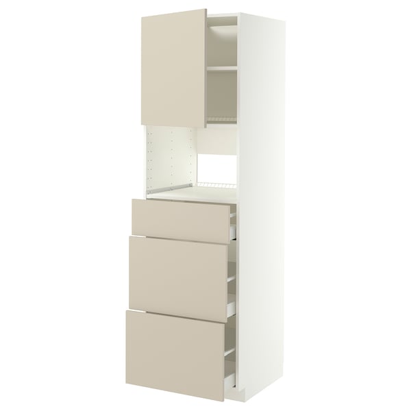 Modern white kitchen cabinet with beige drawers and shelves, combining doors and adjustable/fixed shelves.