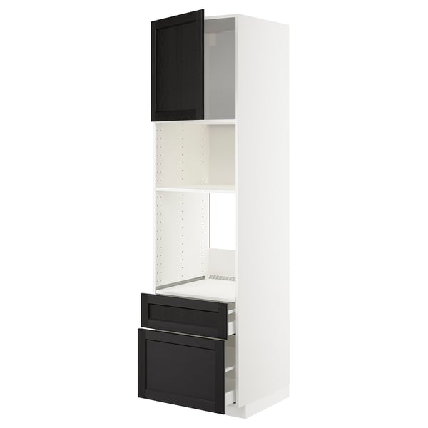 White and black kitchen cabinet set with drawers and shelves, modern design.