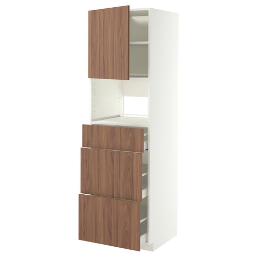 IKEA METOD kitchen unit, walnut colour, white frame. Tall cabinet with three open drawers and one top compartment. Modern, minimalist design.