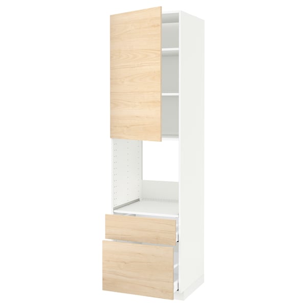 METOD kitchen unit, white frame, light ash wood doors, two shelves, open design.