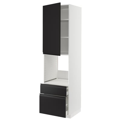Modern black&white kitchen unit, tall with drawers, adjustable shelf, sleek design.