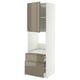 Modern white kitchen unit with high-gloss brown doors, metallic handles, adjustable shelves, and drawers.
