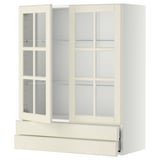 METOD kitchen unit, cream, glass doors, adjustable shelves, soft-closing drawers.