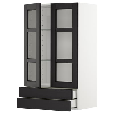 Black stained kitchen cabinet with glass doors and two drawers. Modern traditional style, sturdy ash wood frame.