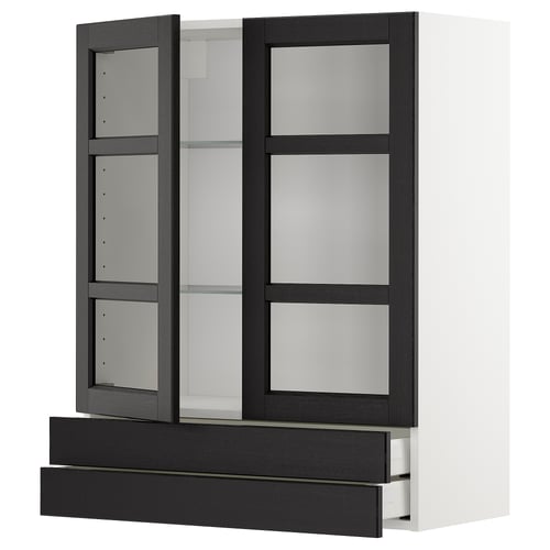 Black-stained glass METOD kitchen cabinet with wooden drawer, open doors.