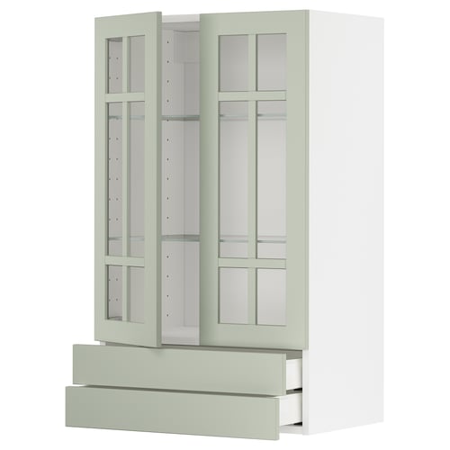 METOD kitchen unit in green with glass doors, cabinets, and drawers, white background.