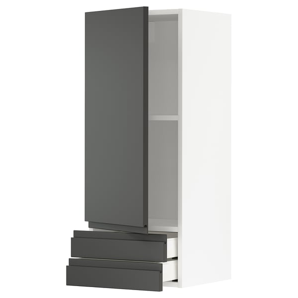 Modern grey kitchen cabinet with soft-close drawers and adjustable shelves.
