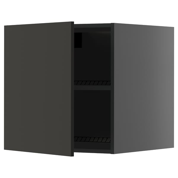 A dark grey, square-shaped kitchen cabinet with one open door, showcasing an adjustable shelf inside.
