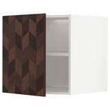 This image shows a white METOD kitchen cabinet with a dark wooden, herringbone-patterned door, featuring a single adjustable shelf inside.