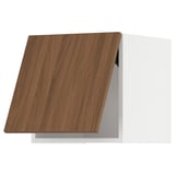 A modern kitchen cabinet with walnut finish, sleek edges, and wooden top.