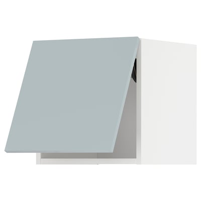 White modern kitchen cabinet set with sleek grey-blue doors.