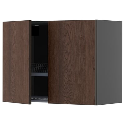 Wooden kitchen cabinet, dark brown, rectangular, with two open doors revealing dishes rack.