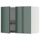 Green high-gloss kitchen cabinet with shelves, open door.