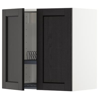 Black stained wooden wall cabinet with bevelled edges, open to reveal wire dish drainer and adjustable shelves.